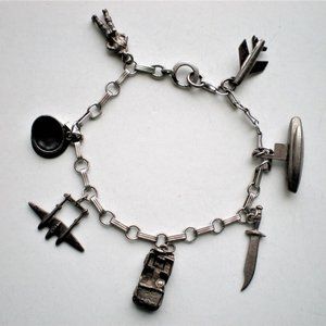 Antique Vintage LESTAGE Sterling Silver Plane Car Submarine Charm Bracelet